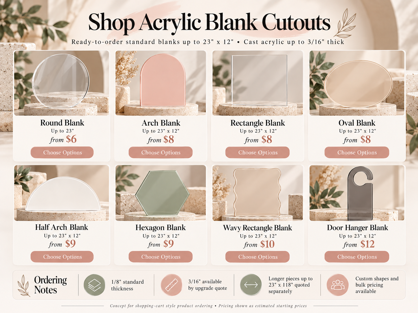 Acrylic blank shapes and color options for custom signs