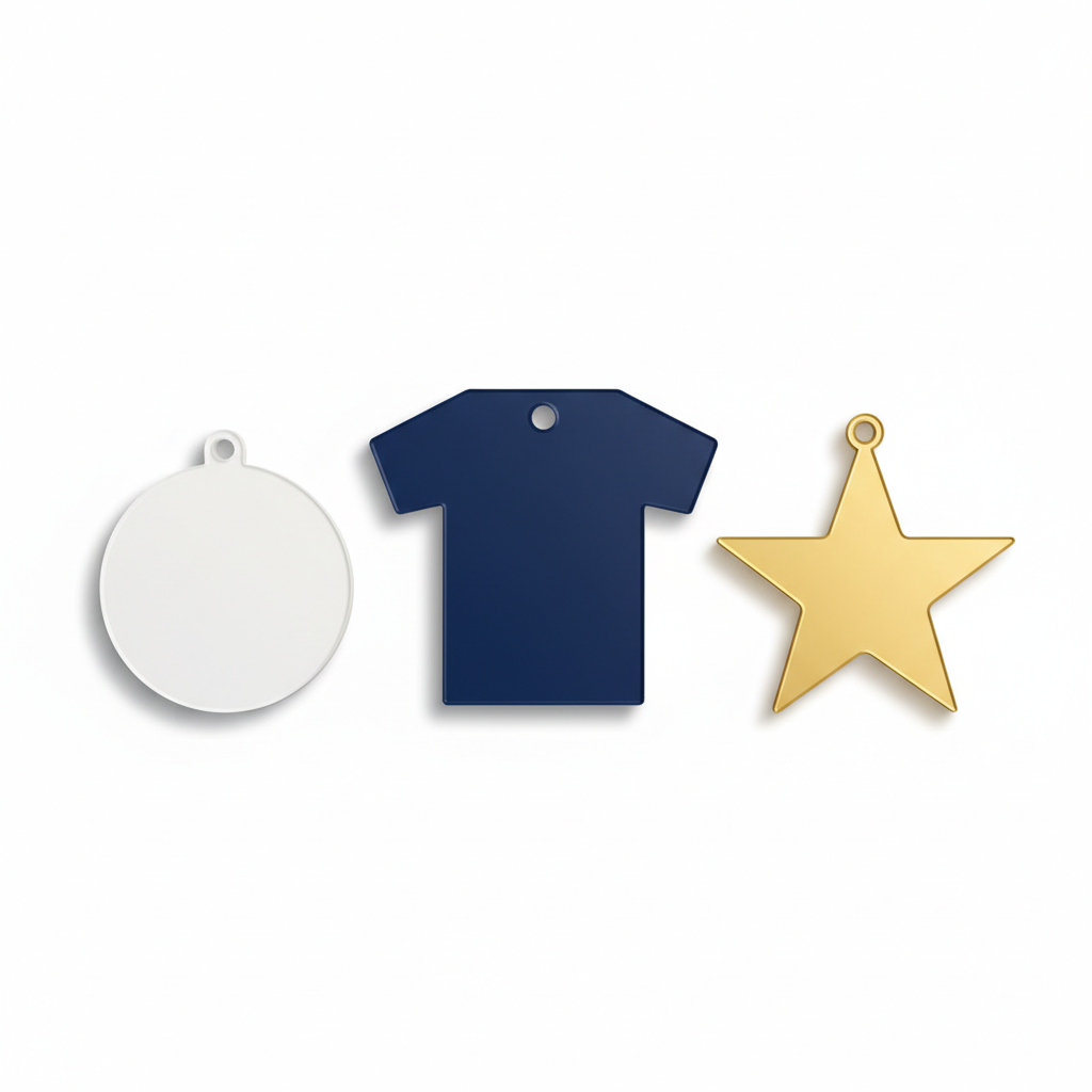 Laser-cut acrylic bag tags and keychains: jersey shape, round tag, and star ornament with mounting holes