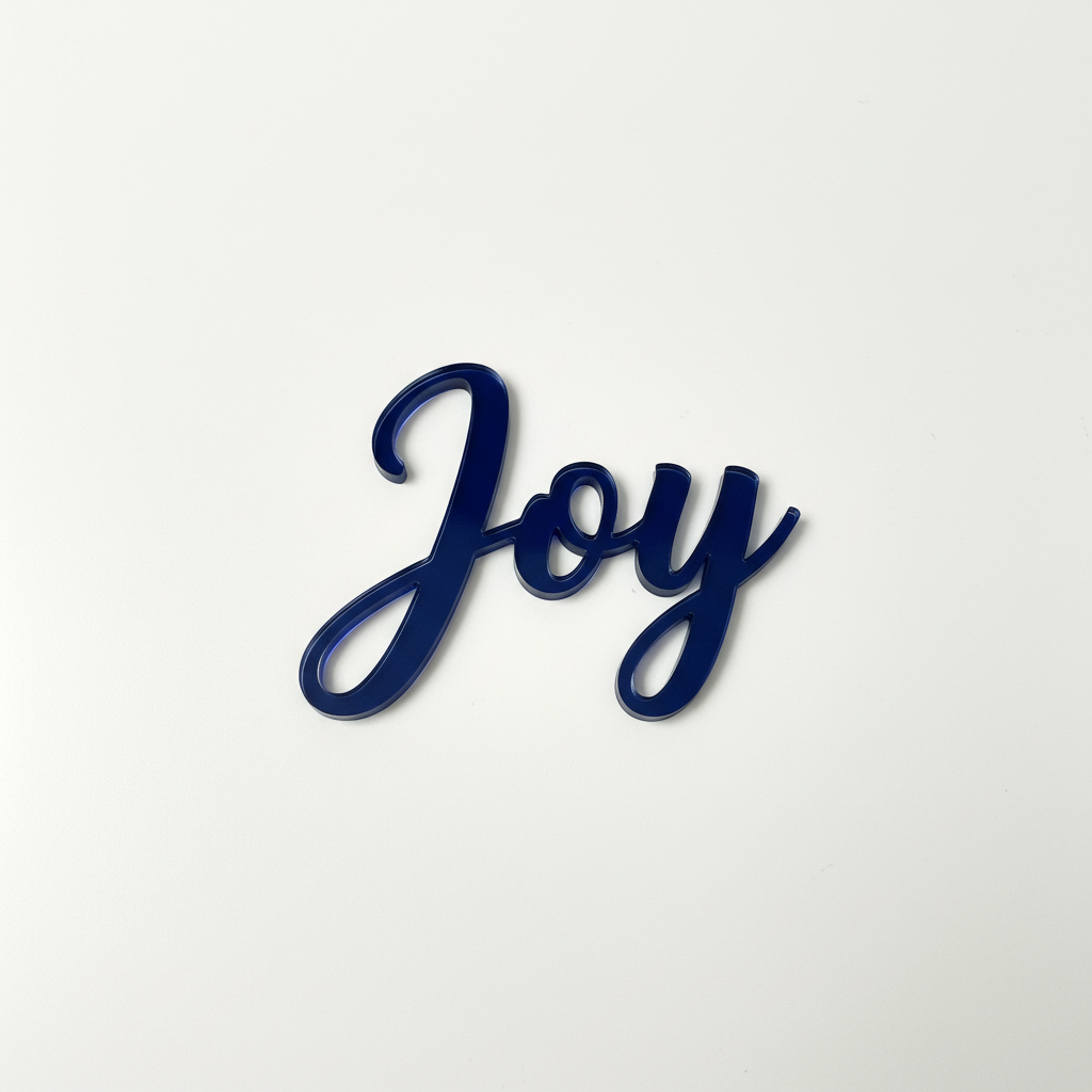Laser-cut navy blue acrylic script name "Joy" on white surface