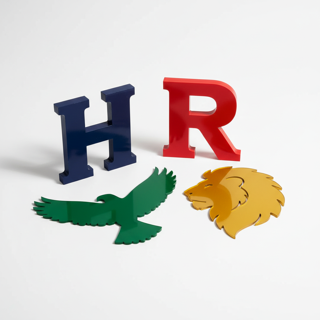 Laser-cut acrylic school spirit letter and mascot silhouette cutouts in navy, red, green, and gold