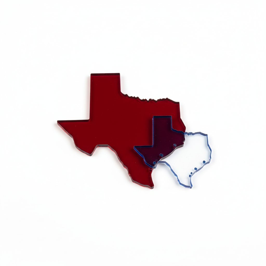 Laser-cut red acrylic Texas silhouette and navy blue state outline cutouts