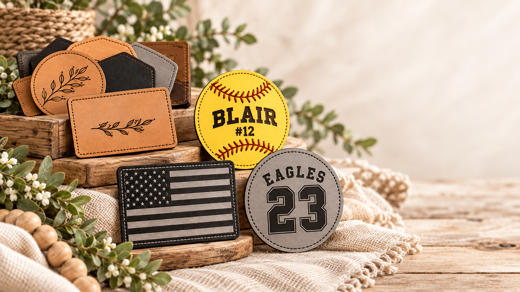 Custom leatherette patches by Gather & Glory