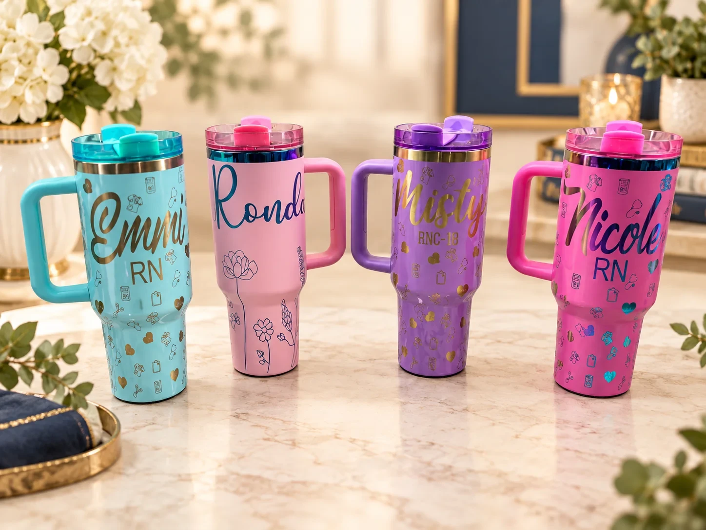 Birdville Hawks custom laser-engraved tumbler — real finished piece from Gather & Glory