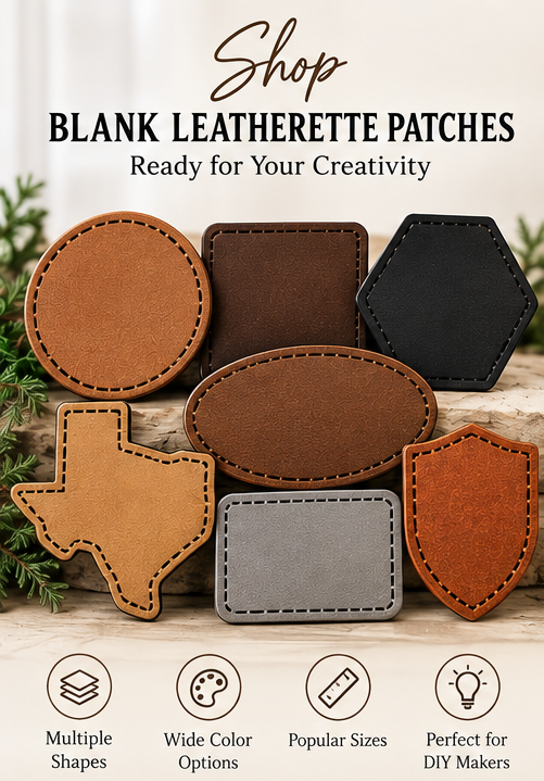 Blank leatherette patches in multiple shapes and colors — circle, square, hexagon, oval, Texas, rectangle, and shield