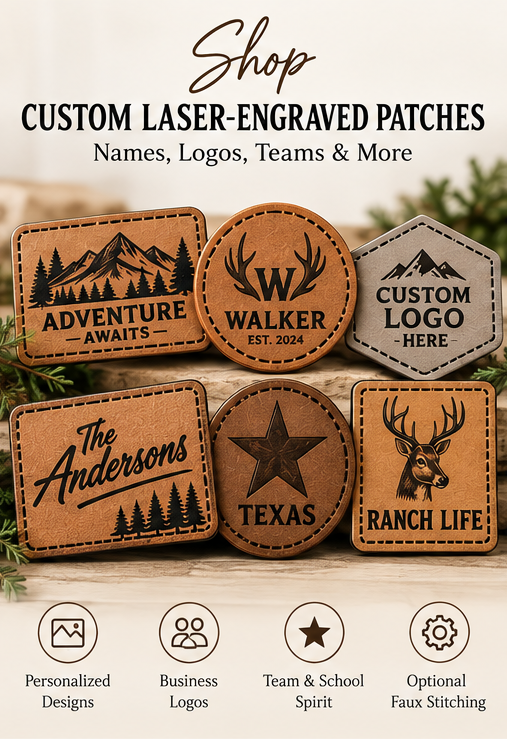 Custom laser-engraved leatherette patches featuring names, logos, and team designs