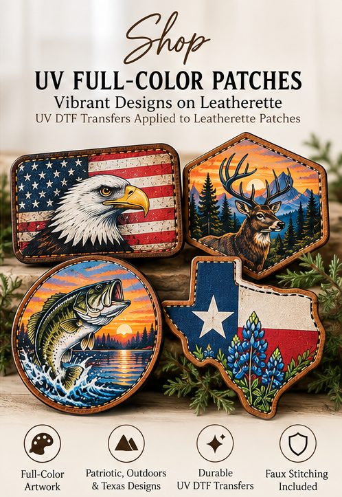 UV full-color leatherette patches — eagle, deer, bass, and Texas designs