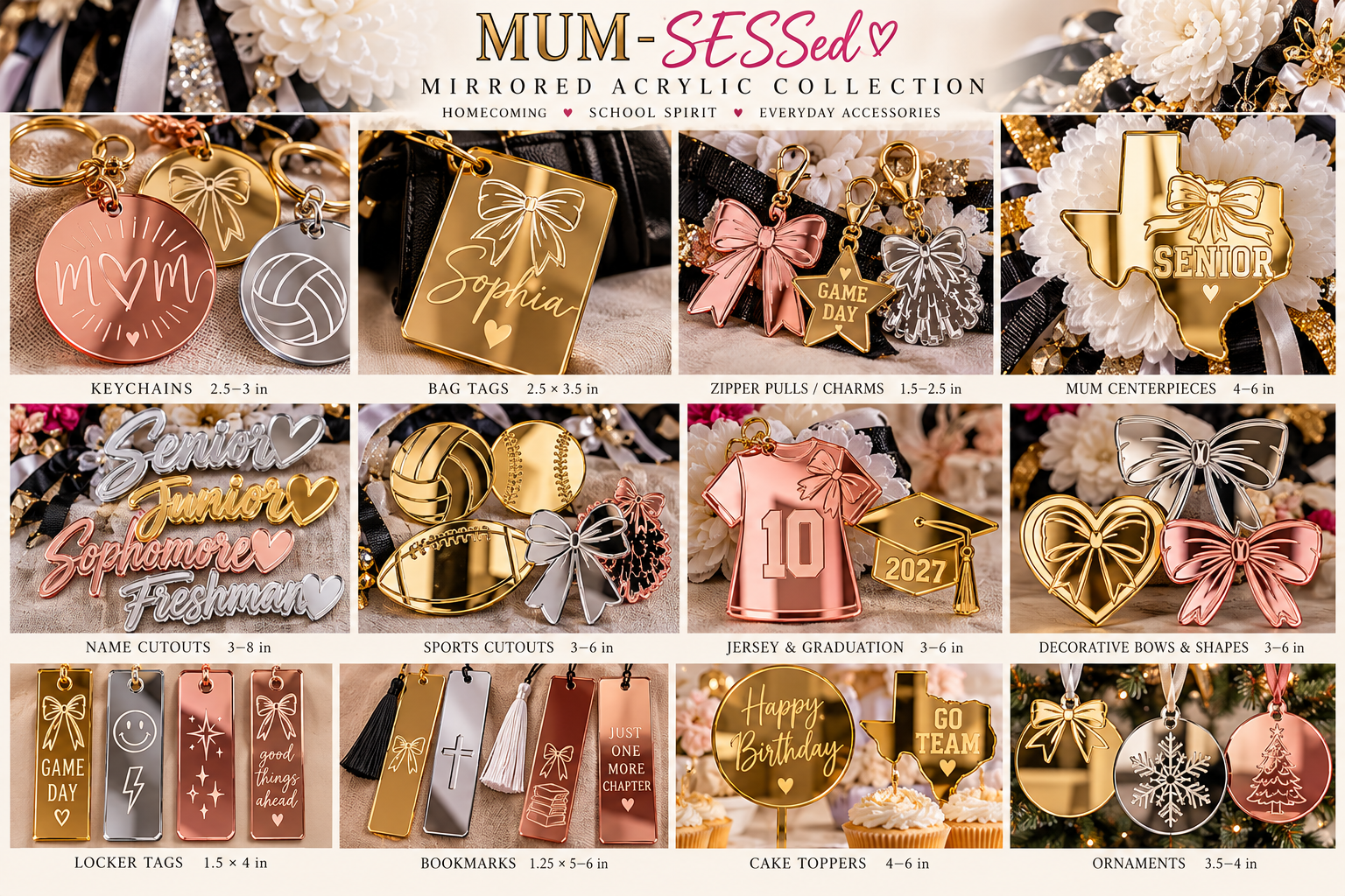 Acrylic mum decorations — laser-cut shapes, mirror-engraved charms, UV designs