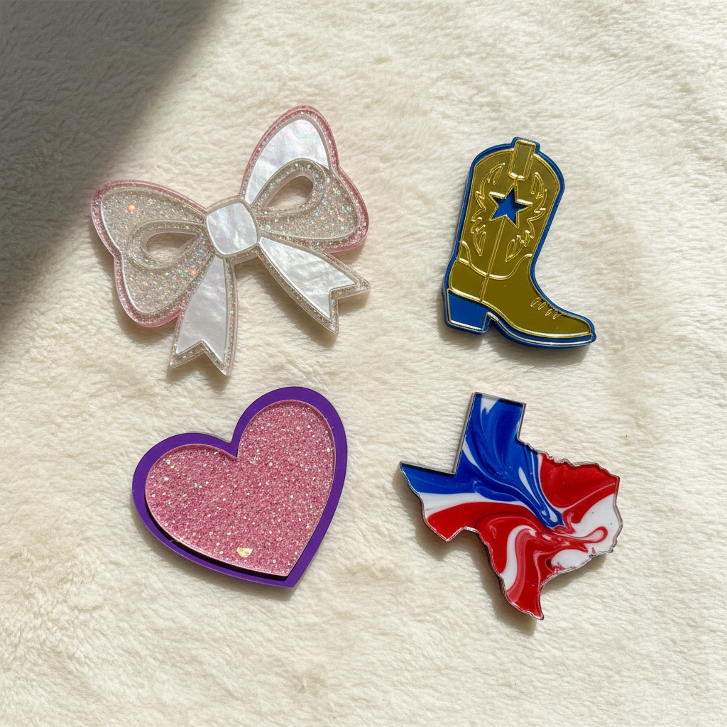 Acrylic bows, boots, hearts, and Texas shapes for homecoming mums