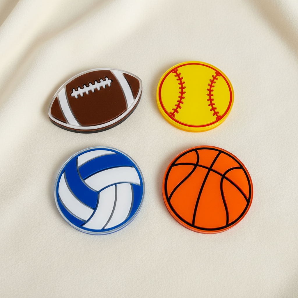 Acrylic sports and activity shapes for homecoming mums — football, volleyball, softball
