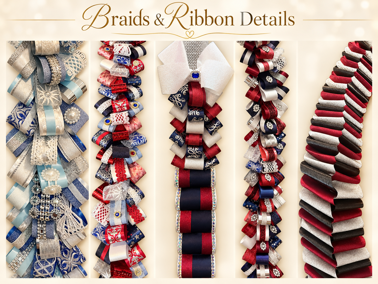 Braids and ribbon details overview — decorative overview of MUM-SESSed ribbon craftsmanship options